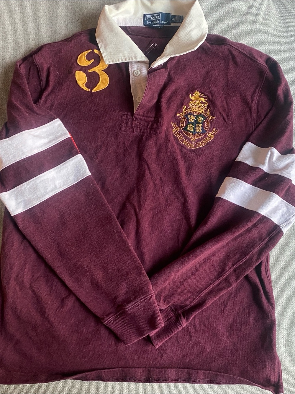 Vintage Polo Ralph Lauren Rugby Shirt Men’s L Burgundy Crest Big 3 Patch Rare